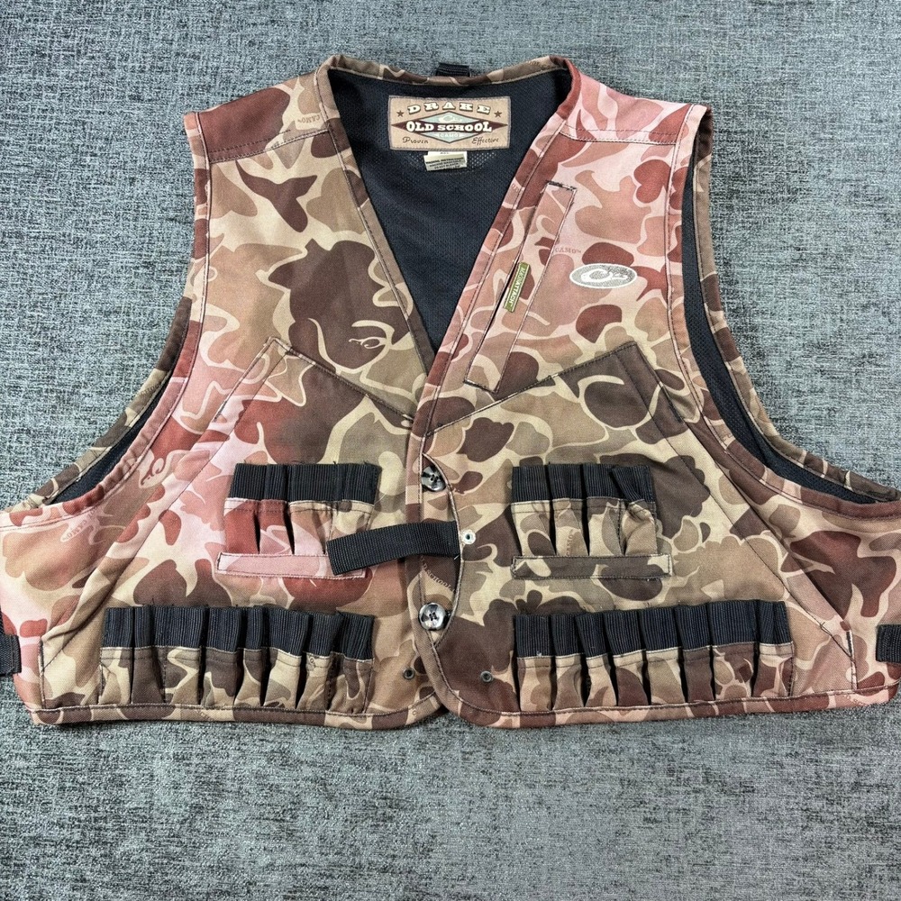 Drake Waterfowl Hunting Vest Mens OSFM Brown Old School Camo Shell Loops 1283